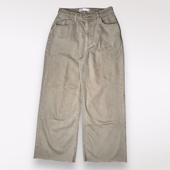 Zara Wide Leg Jeans Green Denim Raw Hem High Rise Approx Size 0 - Picture 1 of 10